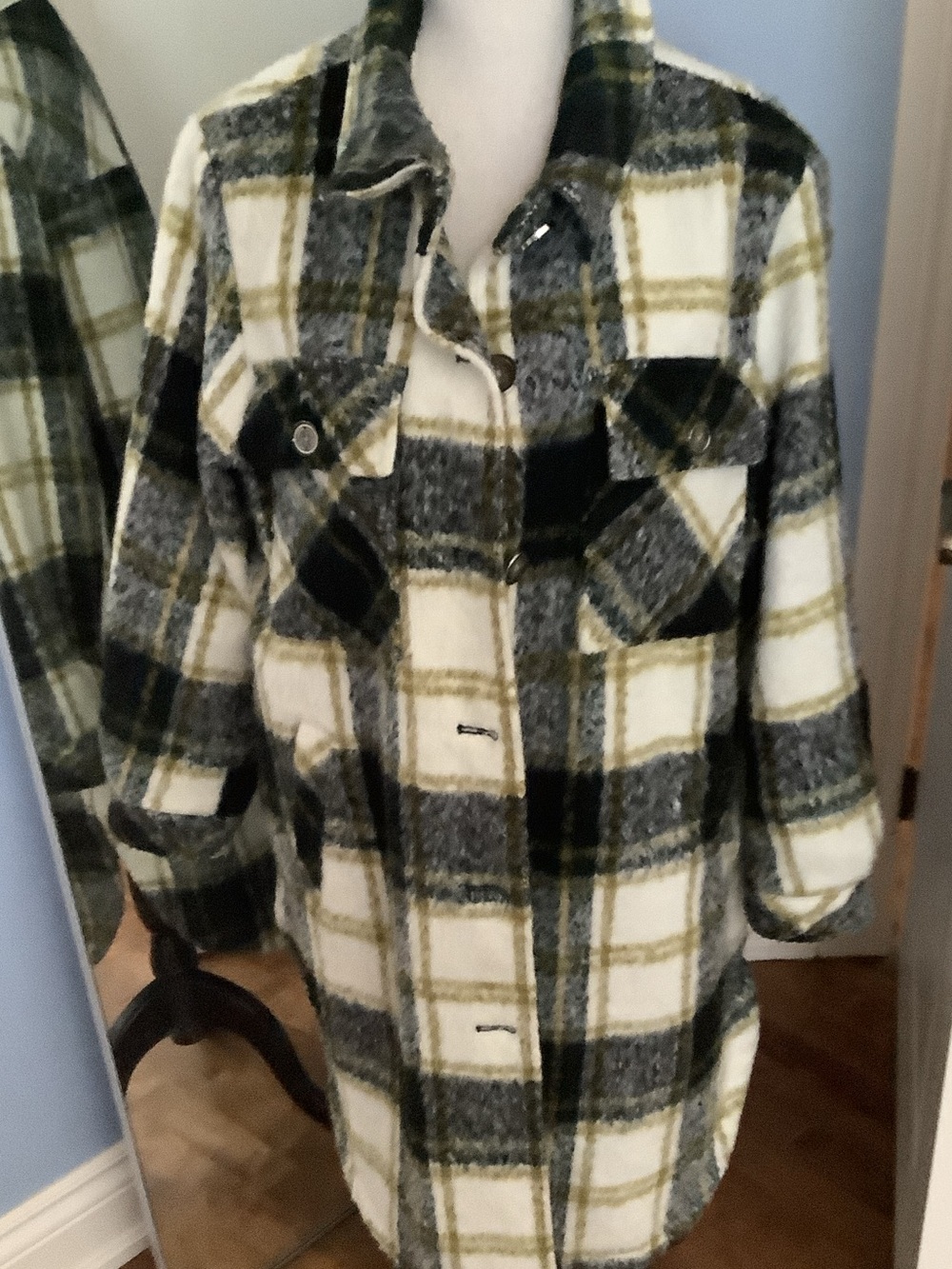 Vince Camuto White, Black & Olive Plaid Shacket